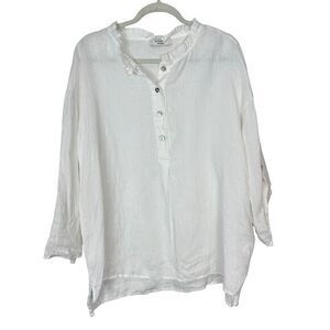 El Corte Ingles Linen Blouse Womens Large White Ruffle Button Neck Tunic Top L